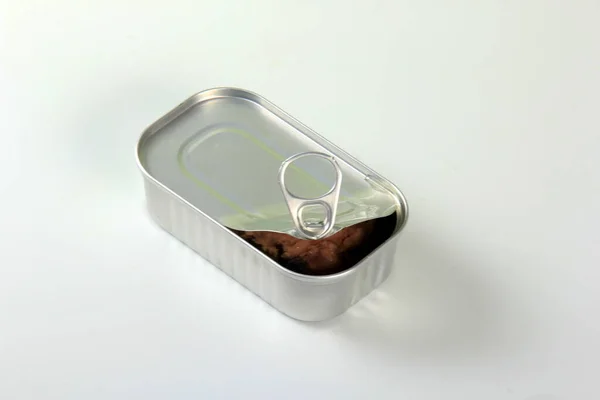 Opened Tin Can Cod Liver White Background Open Tin Container — Stock Photo, Image