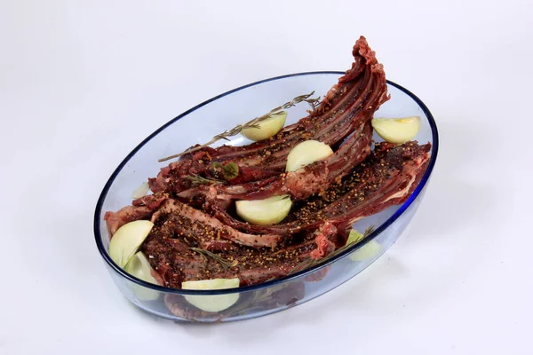 Marinated Raw Venison Ribs Spices Onions Rosemary Deer Ribs Bowl — Stock Fotó