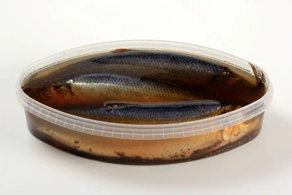 盐渍大西洋鲱鱼塑料碗 腌制三只盐渍鲱鱼 — 图库照片