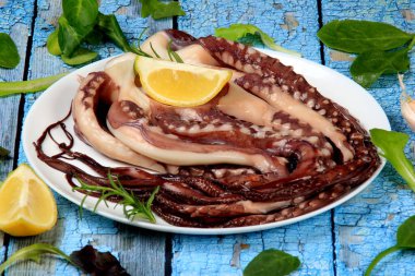 Limon, yeşil limon, biberiye ve marul yapraklarıyla süslenmiş beyaz bir tabakta çiğ ahtapot. Mavi arka plan. Üst görünüm.