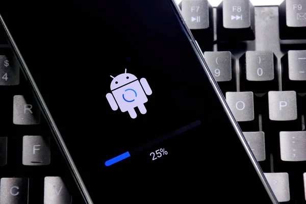 Riga, Letonya, Haziran, 06, 2022: Ekranda Android logosu olan akıllı telefon