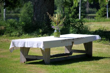 Beyaz bir masa örtüsü ve bir vazo çiçekli büyük bir gölün kıyısındaki büyük ağaçların altında yeşil bir çayırda duran büyük ahşap bir masa. Sarı günbatımı ışığında bir Yaz Gündönümü yemek masası.