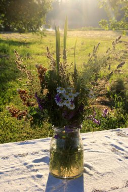 Beyaz bir masa örtüsü ve bir vazo çiçekli büyük bir gölün kıyısındaki büyük ağaçların altında yeşil bir çayırda duran büyük ahşap bir masa. Sarı günbatımı ışığında bir Yaz Gündönümü yemek masası.