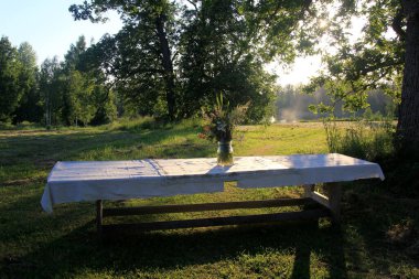Beyaz bir masa örtüsü ve bir vazo çiçekli büyük bir gölün kıyısındaki büyük ağaçların altında yeşil bir çayırda duran büyük ahşap bir masa. Sarı günbatımı ışığında bir Yaz Gündönümü yemek masası.
