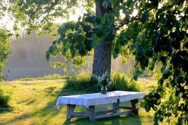 A large wooden table with a white tablecloth and a vase of meadow flowers stands in a green meadow under large trees on the shore of a lake, a Summer Solstice food table in the yellow sunset light
