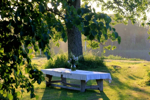 Large Wooden Table White Tablecloth Vase Meadow Flowers Stands Green — Fotografia de Stock