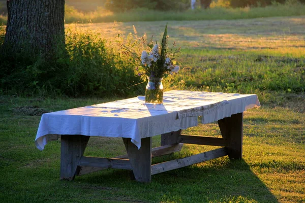 Large Wooden Table White Tablecloth Vase Meadow Flowers Stands Green — Foto de Stock