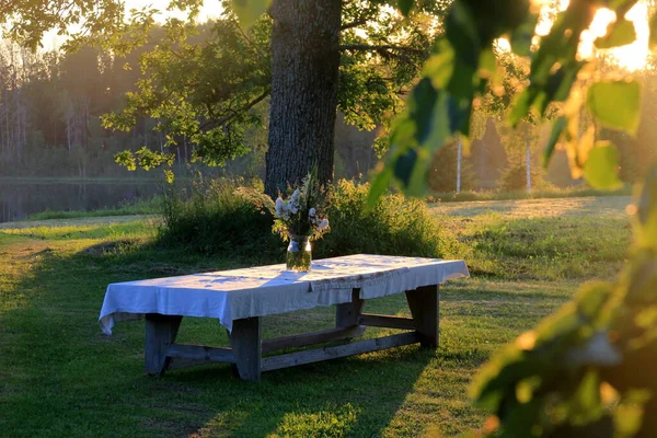 Large Wooden Table White Tablecloth Vase Meadow Flowers Stands Green — Foto de Stock