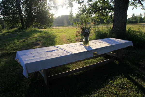 Large Wooden Table White Tablecloth Vase Meadow Flowers Stands Green — Foto de Stock