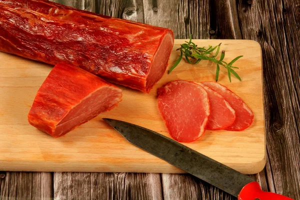 Spanish Meat Delicacy Pork Dry Cured Carbonade Lomo Curado Wooden — Stock Photo, Image