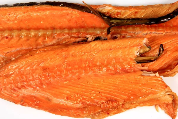 Hot Smoked Salmon Trim Leftovers Bones Fins White Background — Zdjęcie stockowe