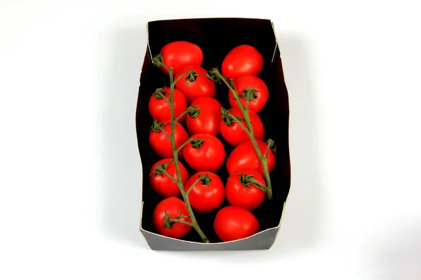 Red Tomatoes Black Cardboard Box White Background Package Tomatoes — Stok Foto