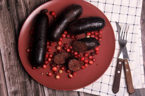 Baked Blood Sausage Red Plate Decorated Red Cranberries Traditional Latvian — Stock Photo, Image