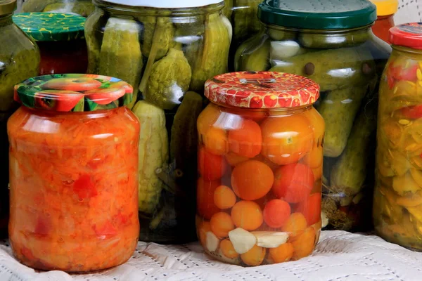 Glass Jars Pickles Canned Vegetables Blanket Canned Cucumbers — Stock Photo, Image