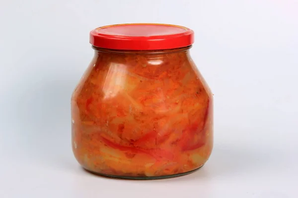 Preparation Canned Lecho Canned Sweet Bell Peppers Glass Jar White — Stock Photo, Image