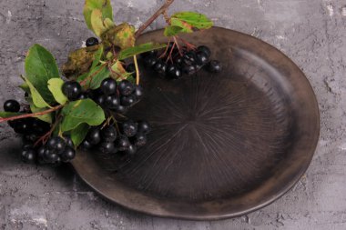 Kil tabakta taze siyah böğürtlen. Siyah Aronya