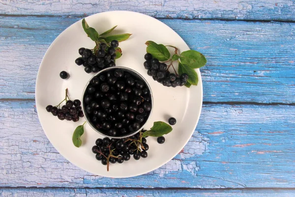 Chokeberry Dengan Daun Hijau Piring Putih Latar Belakang Papan Biru — Stok Foto