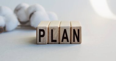 The inscription PLAN on wooden cubes isolated on a light background, the concept of business and finance.