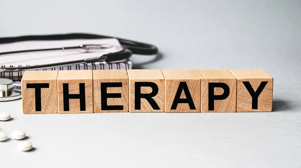 Therapy Inscription Wooden Cubes Isolated White Background Medicine Concept Nearby — Stockfoto