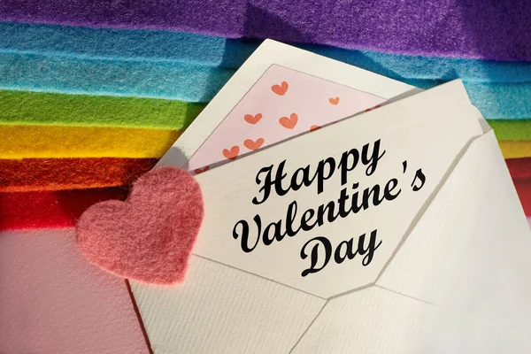 Open Envelope Words Happy Valentine Day Rests Stack Fabric Folded — Stock Photo, Image