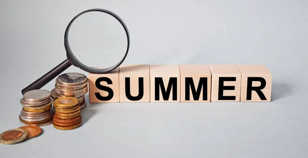 Finanças Inscrição Cubos Palavra Summer Cubos Textura Madeira — Fotografia de Stock