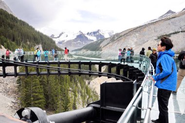 Columbia Buz Tarlaları, Jasper Ulusal Parkı, Alberta, Kanada, 13 Temmuz 2019: Yaz boyunca Jasper Ulusal Parkı 'nda parkın keyfini çıkaran turistler, çevresindeki dağların manzarasıyla.
