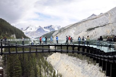 Columbia Buz Tarlaları, Jasper Ulusal Parkı, Alberta, Kanada, 13 Temmuz 2019: Yaz boyunca Jasper Ulusal Parkı 'nda parkın keyfini çıkaran turistler, çevresindeki dağların manzarasıyla.
