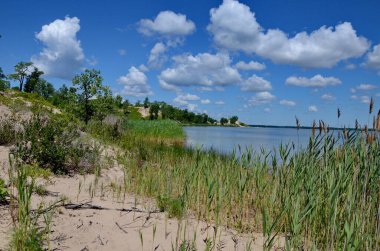 Dunes Beach sand dunes at Sandbanks Provincial Park in Ontario, Canada.   Sandbanks is the largest baymouth barrier dune formation in the world. It is located on Lake Ontario.