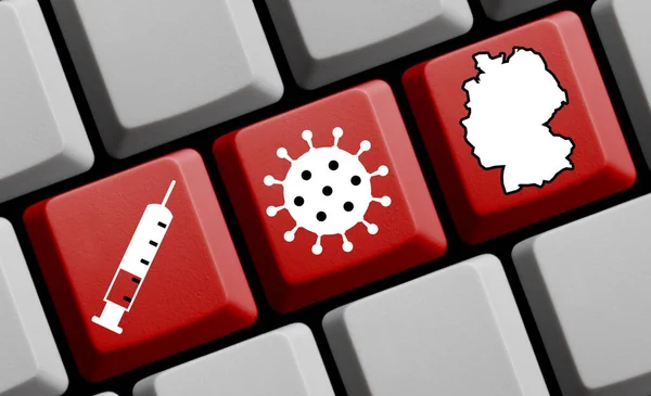 Covid Vaccination Symbol För Syringe Coronavirus Och Tyskland Datorns Tangentbord — Stockfoto