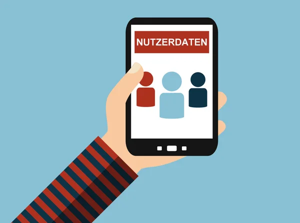 Plochý Design Ruční Držení Smartphone Zobrazující Uživatelská Data Německém Jazyce — Stock fotografie