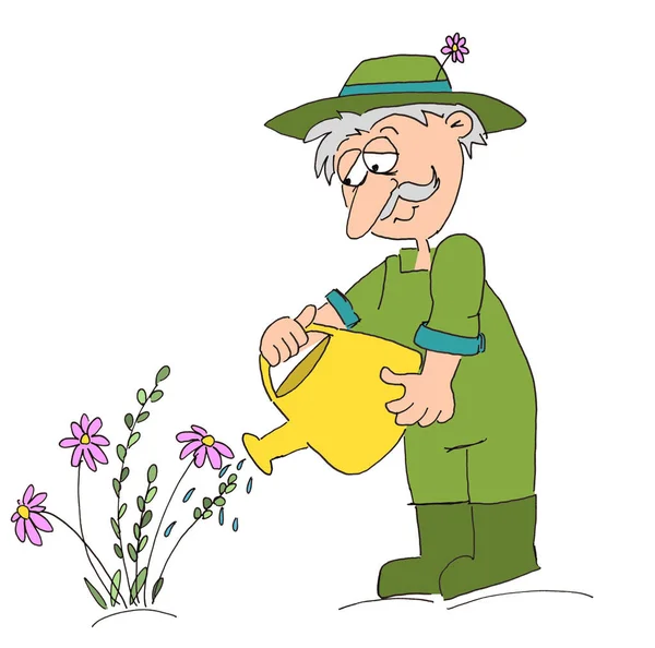 Hand-drawn painting of senior gardener watering flowers in his garden
