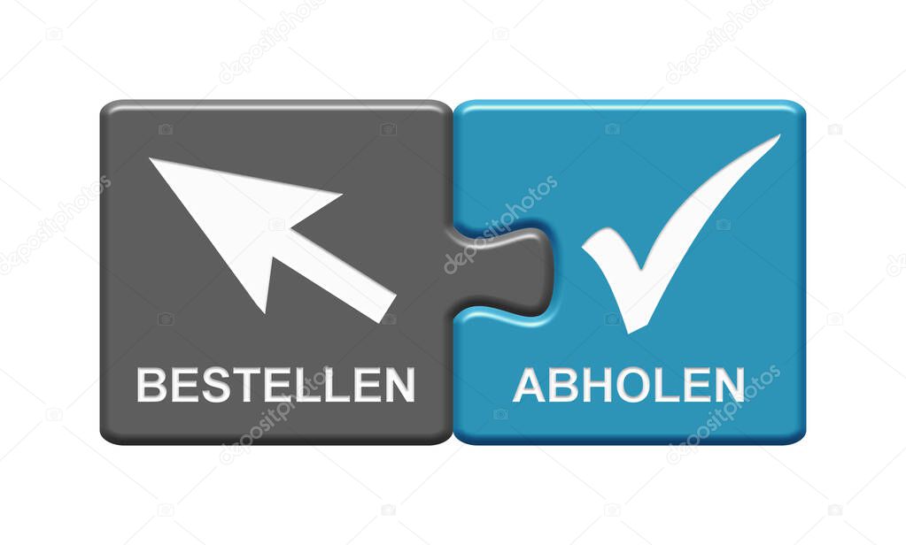 Isolated Puzzle Button grey blue with Arrow and Tick Symbols showing Order and Collect in german language