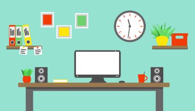 Düz Tasarım arımlı arka plan ev ofisini ya da çalışma yerini masa, bilgisayar ve dahili olarak gösteriyor