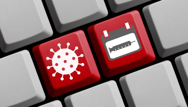 Kalender Und Coronavirus Symbol Impftermin Auf Roter Computertastatur Illustration — Stockfoto