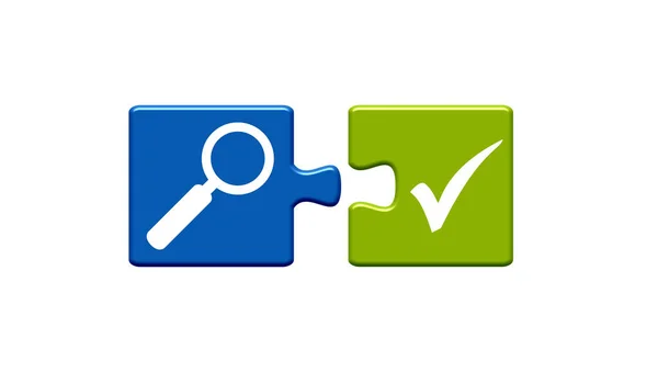 Two Puzzle Pieces Blue Green White Icons Showing Magnify — Stock Photo, Image