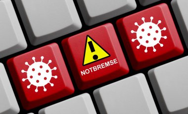 Kırmızı bilgisayar klavyesi Almanca 'da acil durum molalarını gösteriyor - Covid-19 konsept 3D illüstrasyon