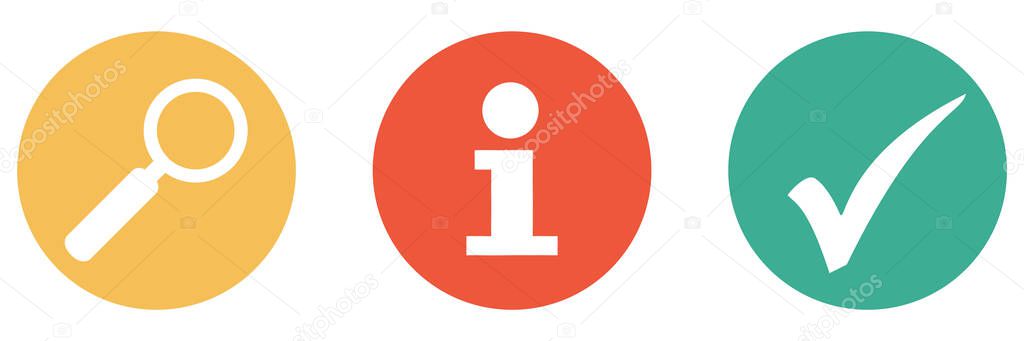3 colorful buttons showing service, help or information with magnifying glass and check mark