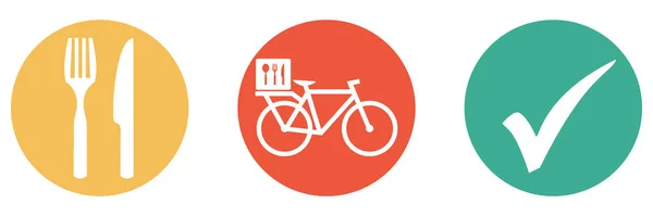 Botões Coloridos Mostrando Serviço Entrega Alimentos Com Bicicleta — Fotografia de Stock