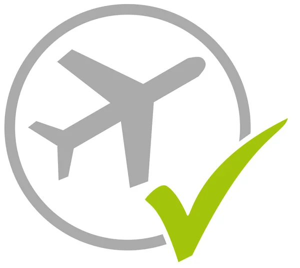 Grey Circle Icon Green Tick Showing Airplane Airport — Stock Photo, Image