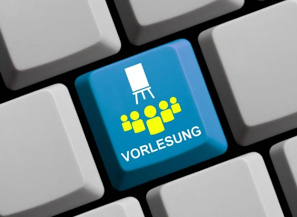 Föreläsning Tyska Språket Blå Dator Tangentbord Med Studenter Illustration — Stockfoto