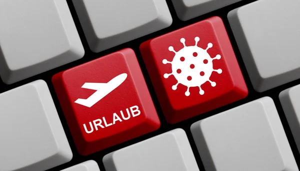 Rote Tastatur Reise Mit Flugzeug Und Covid Icon Illustration — Stockfoto
