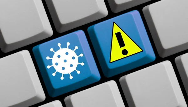 Προσοχή Προειδοποιητικά Σύμβολα Coronavirus Στο Πληκτρολόγιο Του Υπολογιστή Εικονογράφηση — Φωτογραφία Αρχείου