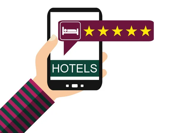 Smartphone Mano Revisión Positiva Del Hotel Diseño Plano —  Fotos de Stock