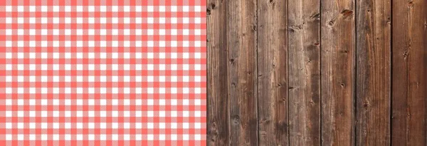 Old Rustic Brown Wooden Planks Red White Checkered Tablecloth Texture — Stock Photo, Image