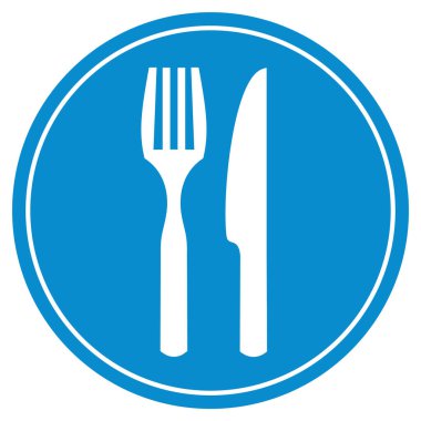 Yuvarlak mavi düğmeli beyaz çatal bıçak ikonu - Restoran