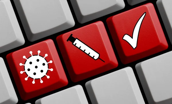 Coronavirus Vaccination Syringe Covid Symbol Red Computer Keyboard Illustration — Stock Photo, Image
