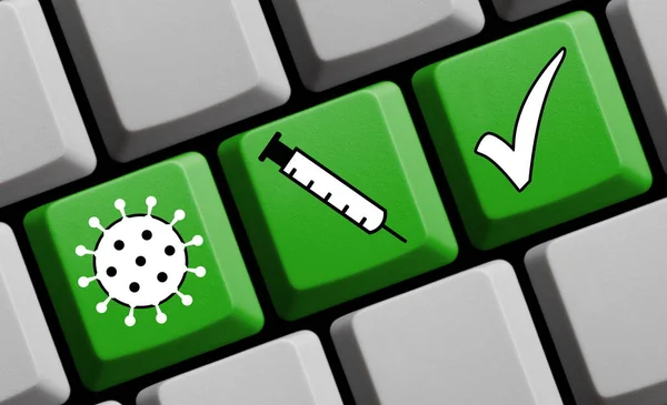 コロナウイルスワクチン 緑のコンピュータキーボードのSyrineとCovid 19シンボル3Dイラスト — ストック写真