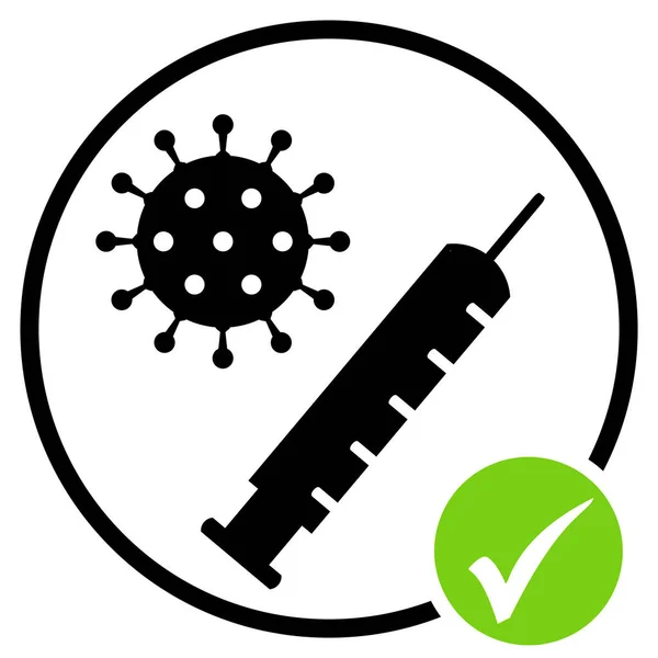Black Circle Icon Green Tick Showing Syringe Covid Vaccination — Stock Photo, Image