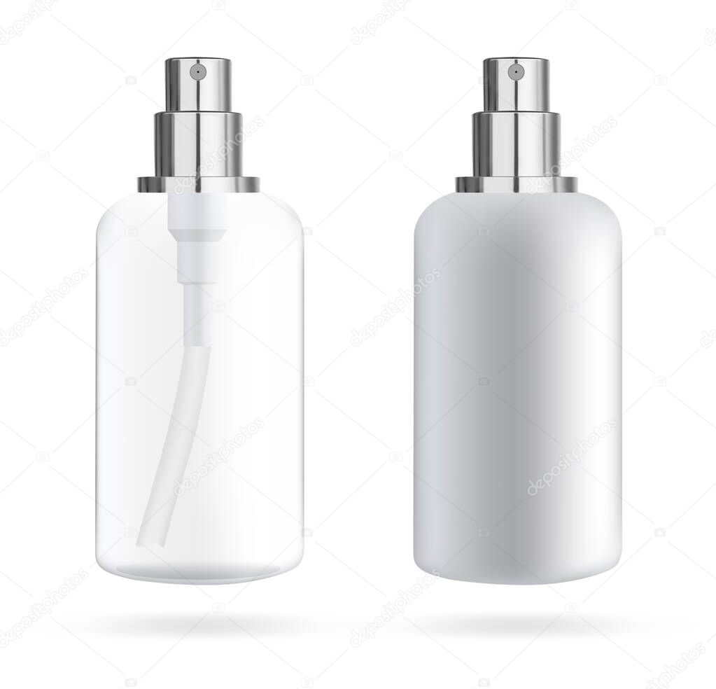 Cosmetic bottle with dispenser spray for liquid and cosmetics. Packaging layout for liquids. Vector 3d illustration