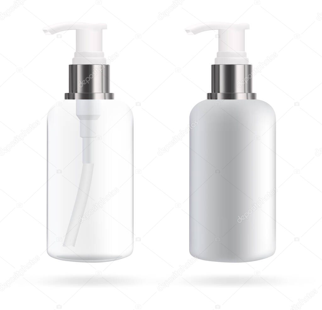 Cosmetic bottle with dispenser for soap and cosmetics. Mockup of packaging for liquids. Vector 3d illustration